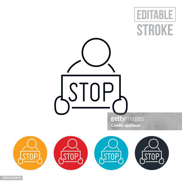 sad person with head down holding a sign with the word stop thin line icon - editable stroke - violence prevention stock illustrations
