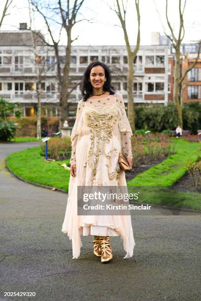 Anoushka Shankar wears a Bora Aksu dress, shoes and bag outside the Bora Aksu show during London Fashion Week February 2024 at the on February 16,...