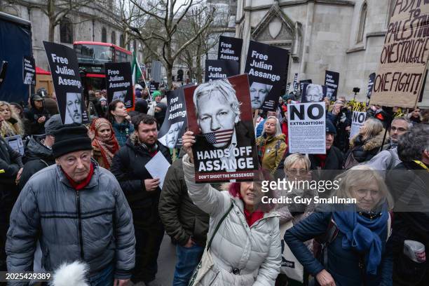 Supporters of Julian Assange at High Court on February 20, 2024 in London, England. The two-day hearing in London determines whether Julian Assange...