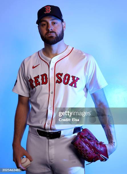 Lucas Giolito of the Boston Red Sox poses for a portrait at JetBlue Park at Fenway South on February 20, 2024 in Fort Myers, Florida.