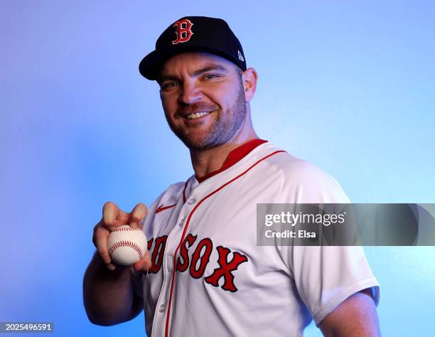 Liam Hendriks of the Boston Red Sox poses for a portrait at JetBlue Park at Fenway South on February 20, 2024 in Fort Myers, Florida.