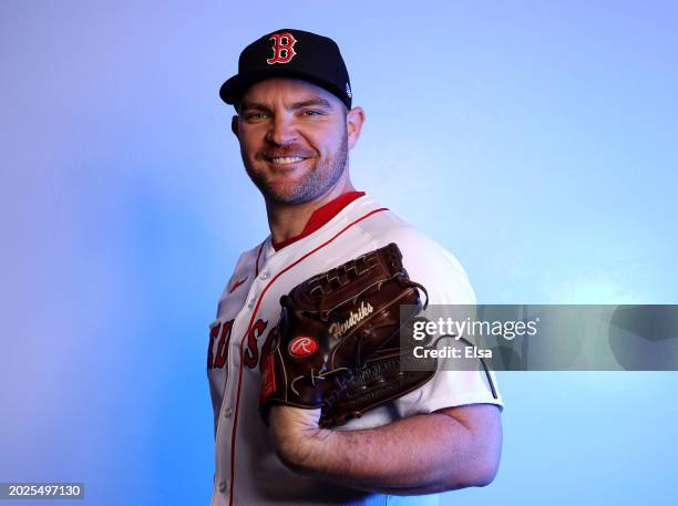 Liam Hendriks of the Boston Red Sox poses for a portrait at JetBlue Park at Fenway South on February 20, 2024 in Fort Myers, Florida.