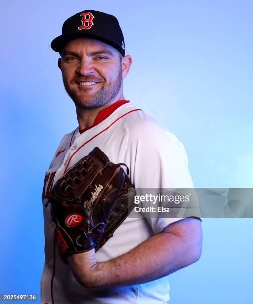 Liam Hendriks of the Boston Red Sox poses for a portrait at JetBlue Park at Fenway South on February 20, 2024 in Fort Myers, Florida.