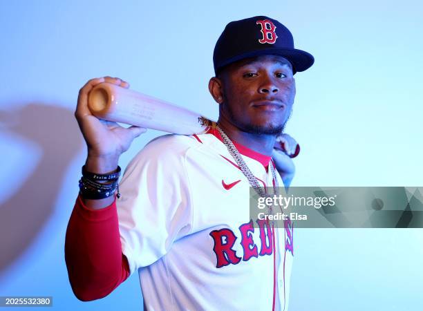 Ceddanne Rafaela of the Boston Red Sox poses for a portrait at JetBlue Park at Fenway South on February 20, 2024 in Fort Myers, Florida.