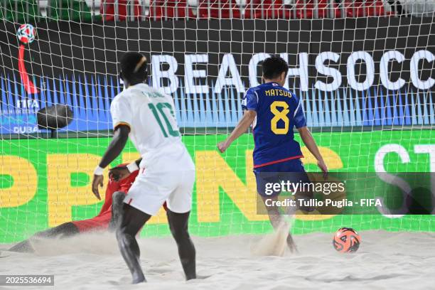 Naoya Matsuo of Japan scores his goal during the FIFA Beach Soccer World Cup UAE 2024 Group C match between Japan and Senegal at Dubai Design...