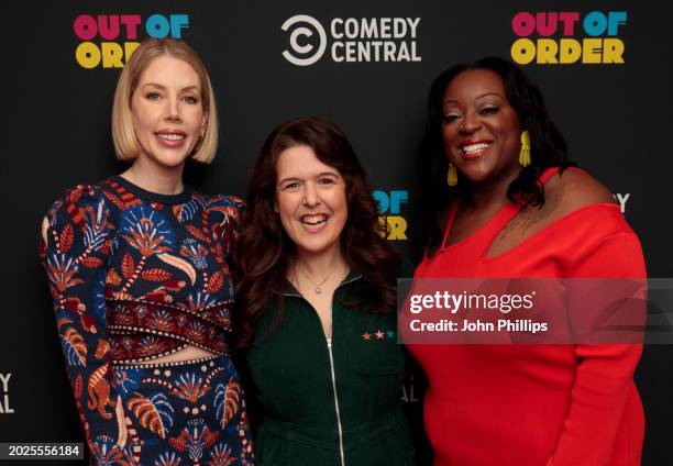 Katherine Ryan, Rosie Jones and Judi Love attends the "Out Of Order" Photocall at The Soho Hotel on February 20, 2024 in London, England.