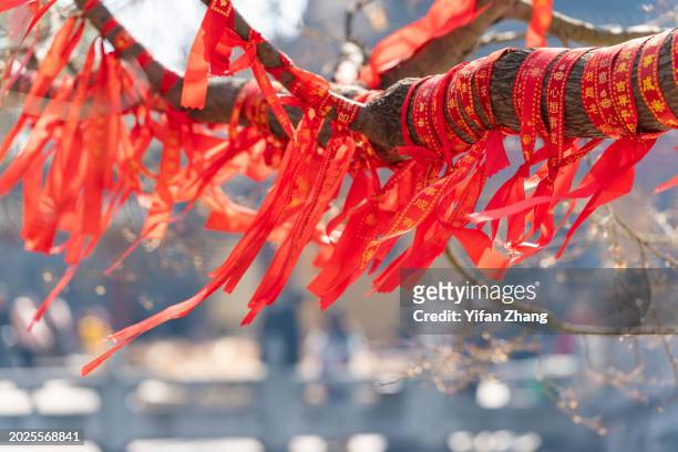 red ribbons with good wishes are flying in dinghui temple, jiaoshan - religiöses fest stock-fotos und bilder
