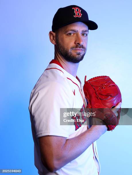 Lucas Luetge of the Boston Red Sox poses for a portrait at JetBlue Park at Fenway South on February 20, 2024 in Fort Myers, Florida.