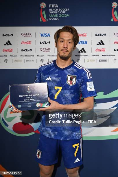 Takaaki Oba of Japan poses after being presented with the Player of the Match award following the FIFA Beach Soccer World Cup UAE 2024 Group C match...