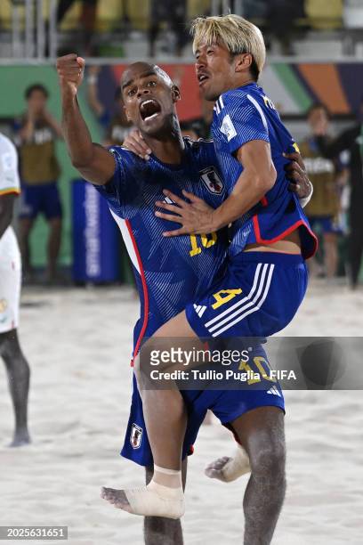 Ozu Moreira of Japan celebrates after scoring his team sixth goal during the FIFA Beach Soccer World Cup UAE 2024 Group C match between Japan and...