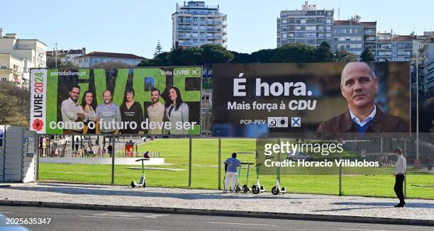 Livre and CDU political parties billboard campaign posters displayed in Alameda Dom Afonso Henriques on February 20 in Lisbon, Portugal. Portuguese...