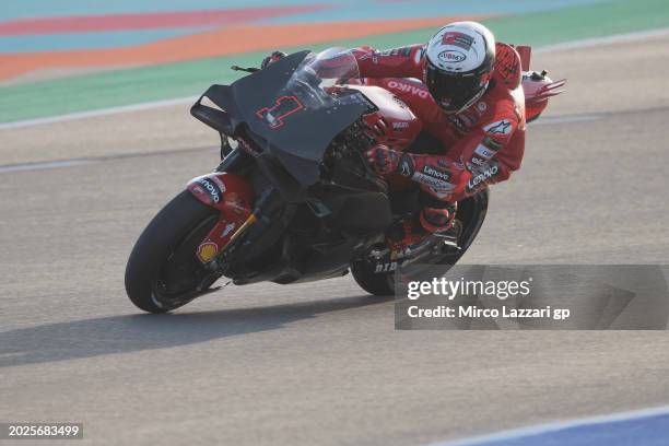 Francesco Bagnaia of Italy and Ducati Lenovo Team rounds the bend during the Qatar MotoGP Official Test at Losail Circuit on February 20, 2024 in...