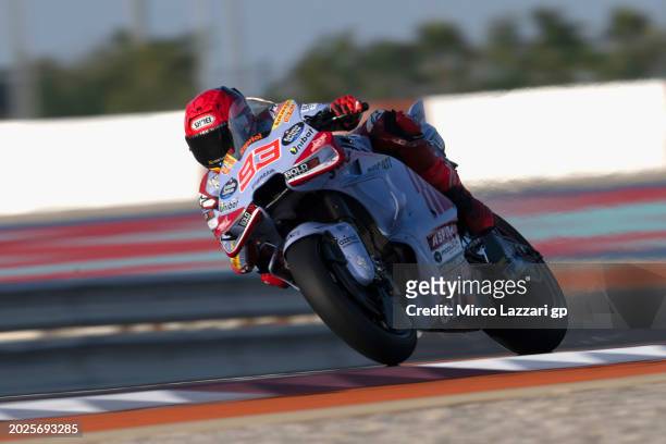 Marc Marquez of Spain and Gresini Racing MotoGP heads down a straight during the Qatar MotoGP Official Test at Losail Circuit on February 20, 2024 in...