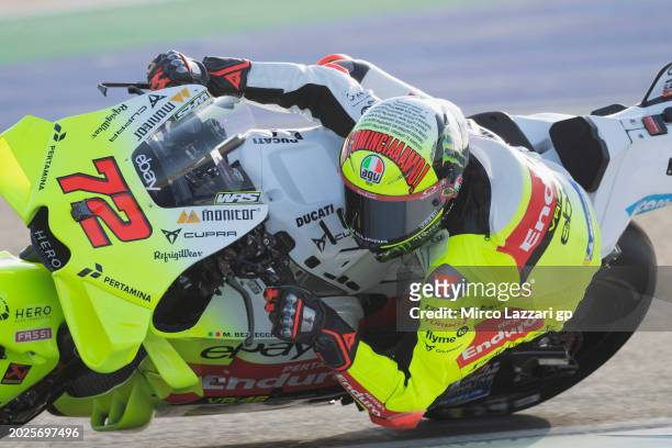 Marco Bezzecchi of Italy and Pertamina Enduro VR46 Racing Teamrounds the bend during the Qatar MotoGP Official Test at Losail Circuit on February 20,...