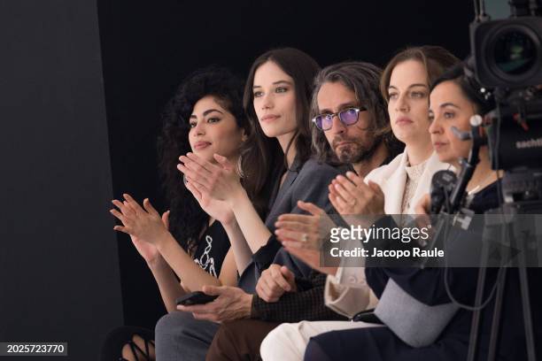 Mina El Hammani, Ella Bleu Travolta and Simone Marchetti attend the Twinset Fashion Show during the Milan Fashion Week - Womenswear Fall/Winter...