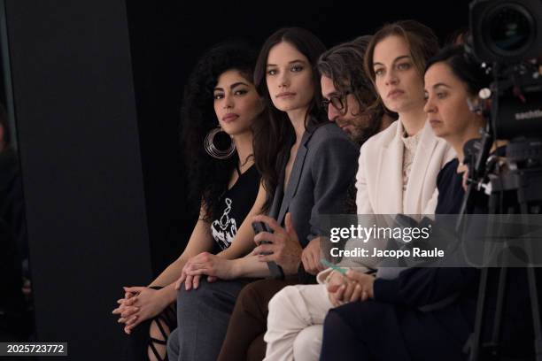 Mina El Hammani, Ella Bleu Travolta and Simone Marchetti attend the Twinset Fashion Show during the Milan Fashion Week - Womenswear Fall/Winter...