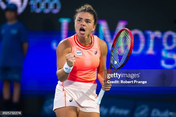 Jasmine Paolini of Italy reacts during her match against Sorana Cirstea of Romania in the semi-final on Day 6 of the Dubai Duty Free Tennis...