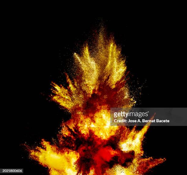 multiple ascending explosions of smoke and fire upon impact on a black background. - detonator stock pictures, royalty-free photos & images