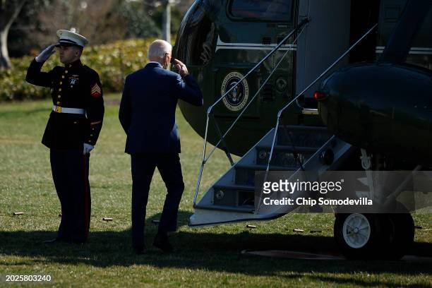 President Joe Biden boards Marine One on the South Lawn as he departs the White House on February 20, 2024 in Washington, DC. Biden is traveling to...