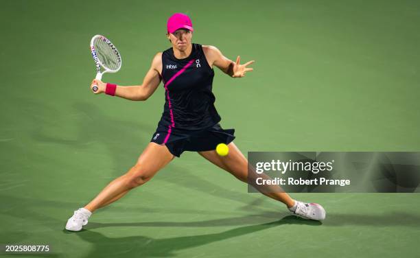 Iga Swiatek of Poland in action against Anna Kalinskaya in the semi-final on Day 6 of the Dubai Duty Free Tennis Championships, part of the Hologic...