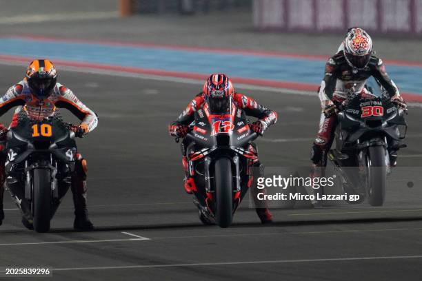 Maverick Vinales of Spain and Aprilia Racing tests the start in main straight during the Qatar MotoGP Official Test at Losail Circuit on February 20,...