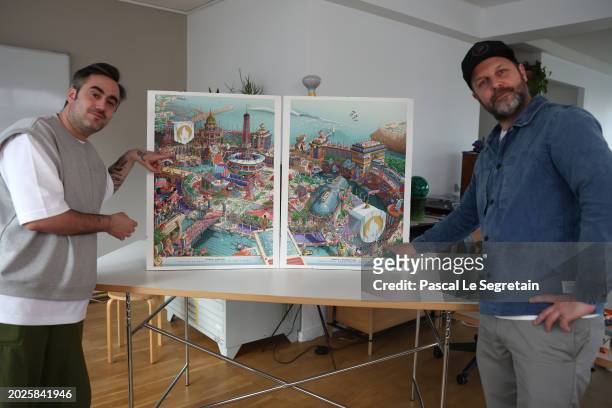 Artist Ugo Gattoni and Director of design for Paris 2024, Joachim Roncin , pose in front of the Paris 2024 Official Posters on February 20, 2024 in...