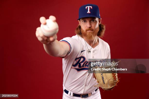 Jon Gray of the Texas Rangers poses for a portrait during photo day at Surprise Stadium on February 20, 2024 in Surprise, Arizona.