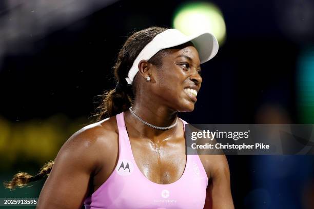 Sloane Stephens of the United States looks on while playing Iga Swiatek of Poland in their second round women's singles match during the Dubai Duty...