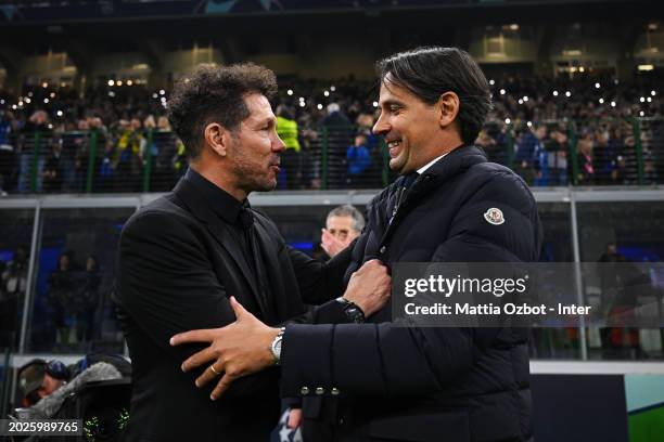 Head Coach Diego Simeone of Atletico Madrid and Head Coach Simone Inzaghi of FC Internazionale are seen before the UEFA Champions League 2023/24...