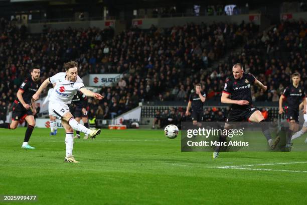 Dan Kemp of MK Dons scores a goal during the Sky Bet League Two match between Milton Keynes Dons and Wrexham at Stadium MK on February 20, 2024 in...