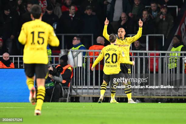 Donyell Malen of Borussia Dortmund celebrates with Marcel Sabitzer of Borussia Dortmund after scoring his team's first goal during the UEFA Champions...