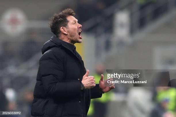 Diego Simeone, Head Coach of Atletico Madrid, reacts during the UEFA Champions League 2023/24 round of 16 first leg match between FC Internazionale...