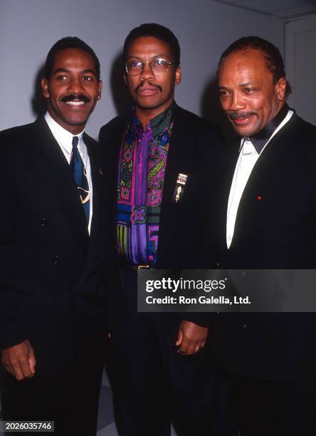 From left, American R&B & Jazz singer Keith Washington, Jazz musician Herbie Hancock, and music executive Quincy Jones attend a Citykids Foundation...