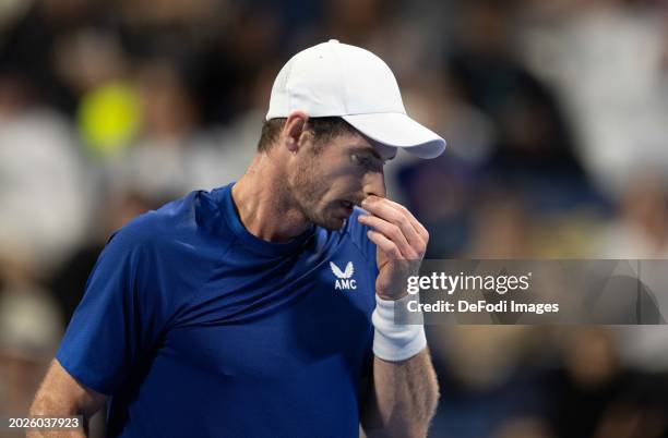 Andy Murray of United Kingdom reacts during a first-round match against Alexandre Muller of France at the ATP Qatar Exxonmobil Open tennis tournament...