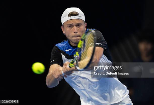 Alexandre Muller of France during first round match against Andy Murray of United Kingdom at the ATP Qatar Exxonmobil Open tennis tournament at the...