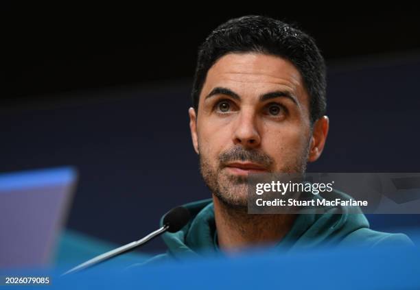 Arsenal manager Mikel Arteta attends a press conference at Estadio do Dragao on February 20, 2024 in Porto, Porto.