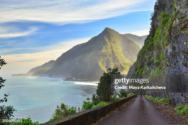 old road along the coast, madera island, portugal - funchal imagens e fotografias de stock