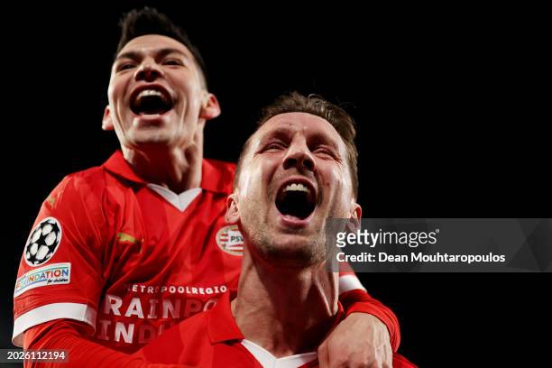 Luuk de Jong of PSV Eindhoven celebrates scoring his team's first goal from the penalty-spot during the UEFA Champions League 2023/24 round of 16...