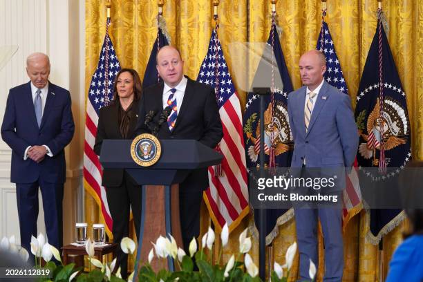 President Joe Biden, from left, Vice President Kamala Harris, Jared Polis, governor of Colorado, and Spencer Cox, governor of Utah, during the...