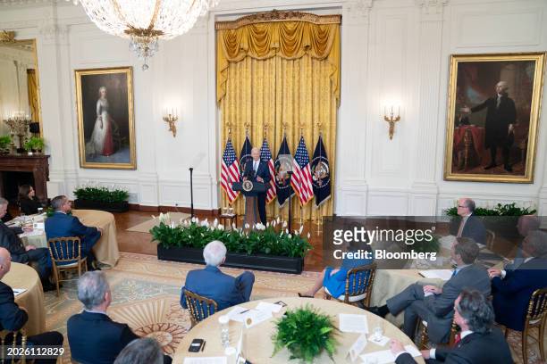 President Joe Biden, center, speaks while meeting with governors during the National Governors Association Winter Meeting in the East Room of the...