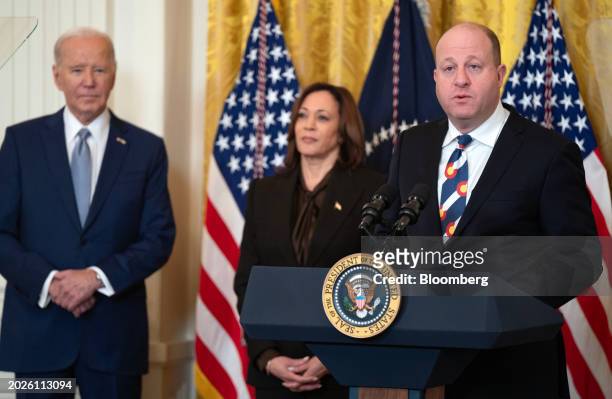President Joe Biden, from left, Vice President Kamala Harris, and Jared Polis, governor of Colorado, during the National Governors Association Winter...