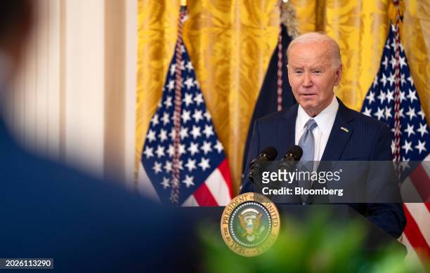 President Joe Biden speaks while meeting with governors during the National Governors Association Winter Meeting in the East Room of the White House...
