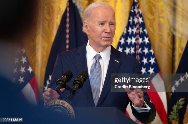 President Joe Biden speaks while meeting with governors during the National Governors Association Winter Meeting in the East Room of the White House...