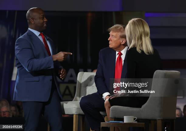 Sen. Tim Scott speaks during a Fox News town hall with Republican presidential candidate, former U.S. President Donald Trump and Fox News host Laura...