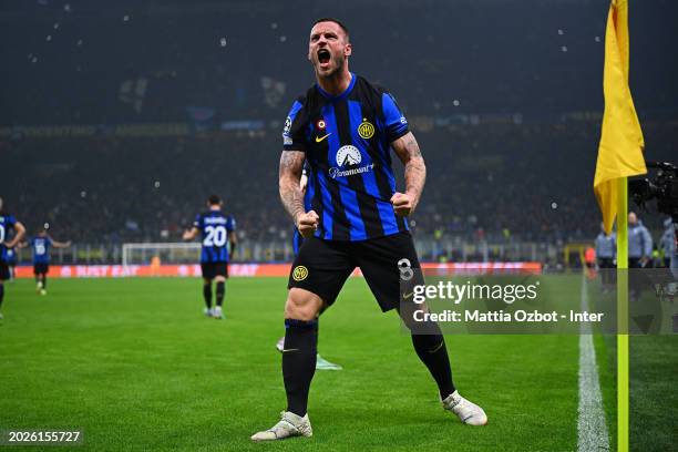 Marko Arnautovic of FC Internazionale celebrates after scoring their team's first goal during the UEFA Champions League 2023/24 round of 16 first leg...