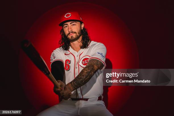 Jonathan India of the Cincinnati Reds sits for a portrait at Goodyear Ballpark on February 20, 2024 in Goodyear, Arizona.