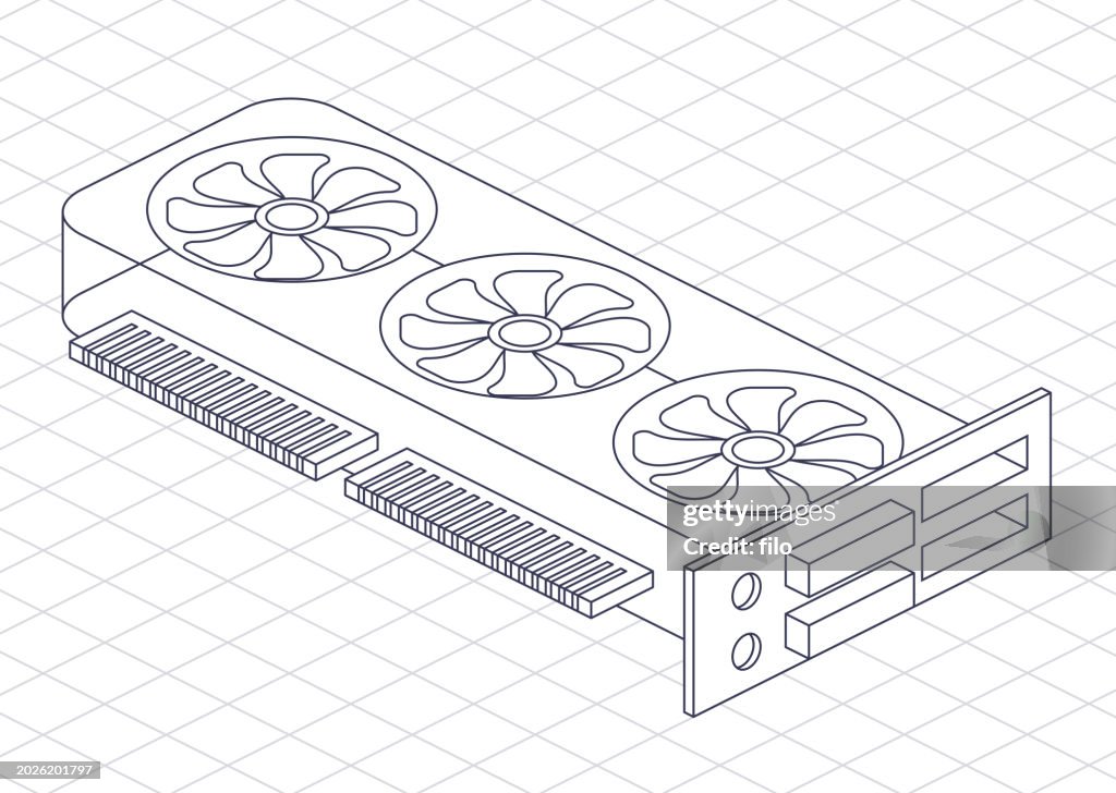 Tarjeta gráfica de video Pieza de computadora de PC Plan de diseño isométrico Elemento de cuadrícula de estructura alámbrica