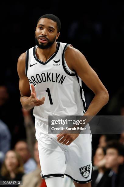 Mikal Bridges of the Brooklyn Nets reacts after scoring during the second half against the Boston Celtics at Barclays Center on February 13, 2024 in...