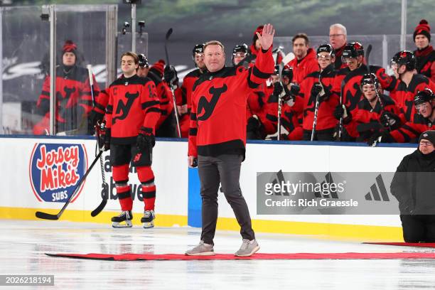 Former New Jersey Devils Martin Brodeur enters the ice for the ceremonial puck drop prior to the 2024 Navy Federal Credit Union Stadium Series game...