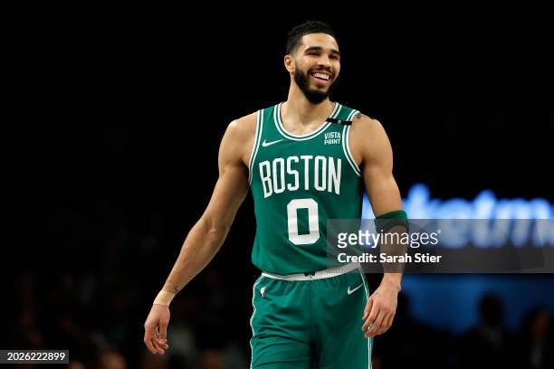 Jayson Tatum of the Boston Celtics looks on during the second half against the Brooklyn Nets at Barclays Center on February 13, 2024 in the Brooklyn...